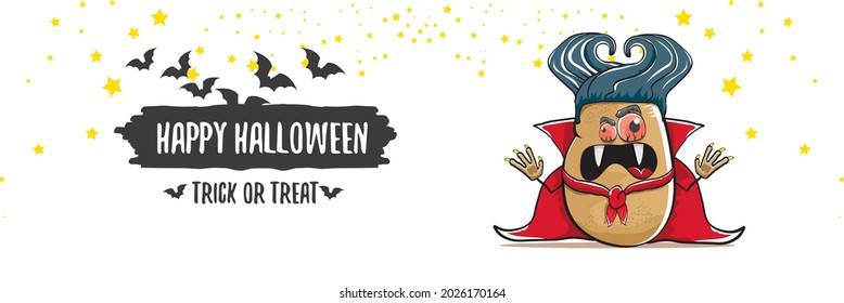 vector cartoon dracula potato with fangs and red cape isolated on white background. happy halloween horizontal banner background . Funny cute  vampire monster vegetable funky character