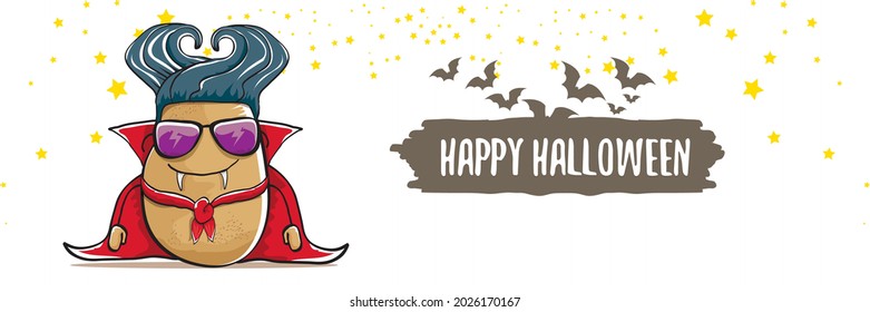 vector cartoon dracula potato with fangs and red cape isolated on white background. happy halloween horizontal banner background . Funny cute  vampire monster vegetable funky character
