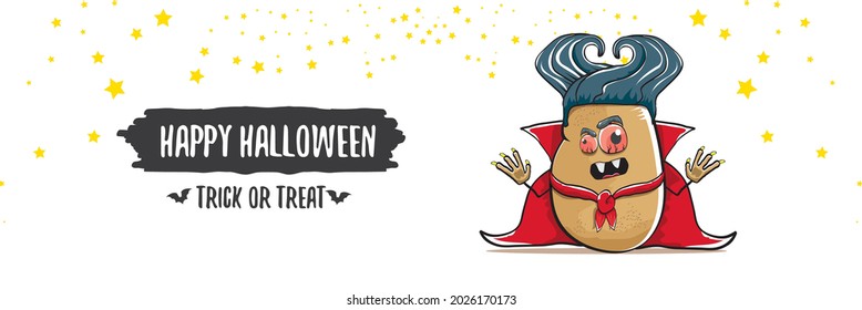 vector cartoon dracula potato with fangs and red cape isolated on white background. happy halloween horizontal banner background . Funny cute  vampire monster vegetable funky character