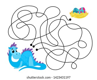 Vector cartoon dragon and eggs in children's style. Vector illustrations for children books. Labyrinth. Educational game for children. 