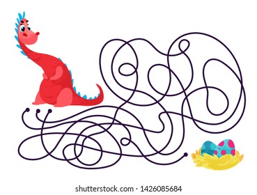 Vector cartoon dragon and eggs in children's style. Vector illustrations for children books. Labyrinth. Educational game for children. 