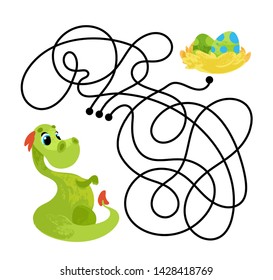 Vector cartoon dragon and eggs in children's style. Vector illustrations for children books. Labyrinth. Educational game for children. 