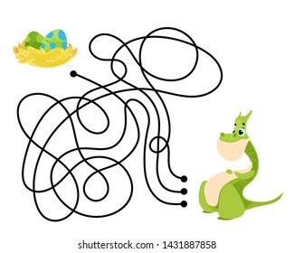 Vector cartoon dragon and eggs in children's style. Vector illustrations for children books. Labyrinth. Educational game for children. 
