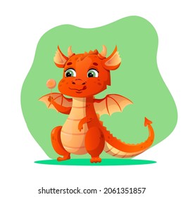 vector cartoon dragon. fabulous fantastic character. Little dragon, isolated on a white background, holds a candy in its paw and licks its lips.