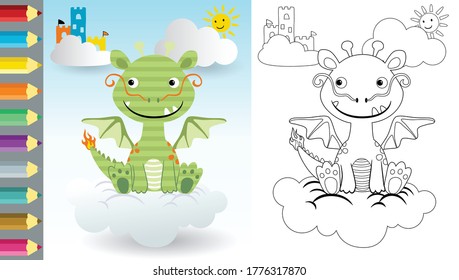 Vector cartoon of dragon sitting on cloud, fairytale elements, coloring book or page