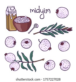Vector cartoon drawing of austromirtus in different angles, in a bowl with yogurt and on a branch, with a handwritten inscription