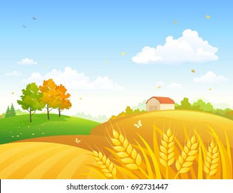 Vector cartoon drawing of an autumn farmland