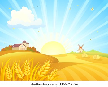 Vector cartoon drawing of an autumn sunrise landscape with wheat fields, barns and a windmill