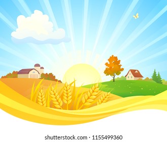 Vector cartoon drawing of a beautiful autumn sunrise landscape