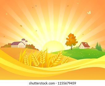 Vector cartoon drawing of a beautiful autumn sunset landscape