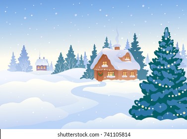 Vektorcartoon-Zeichnung einer schönen Weihnachtslandschaft, Wintertagsdorf mit schneebedeckten kleinen Häusern