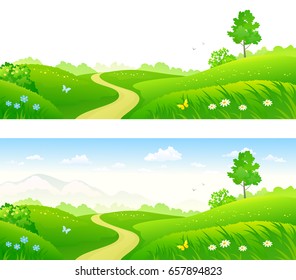 Vector cartoon drawing of beautiful green summer fields, panoramic banners