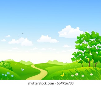 Vector cartoon drawing of a beautiful landscape, green summer meadow, blue sky and fluffy clouds background