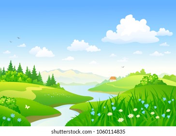 Vector cartoon drawing of a beautiful summer river and flower meadows