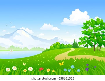 Vector cartoon drawing of a beautiful summer landscape with a lake and flower fields