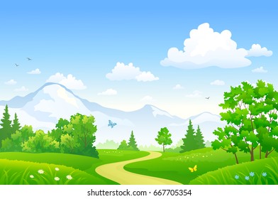 Vector cartoon drawing of a beautiful summer forest at the mountains