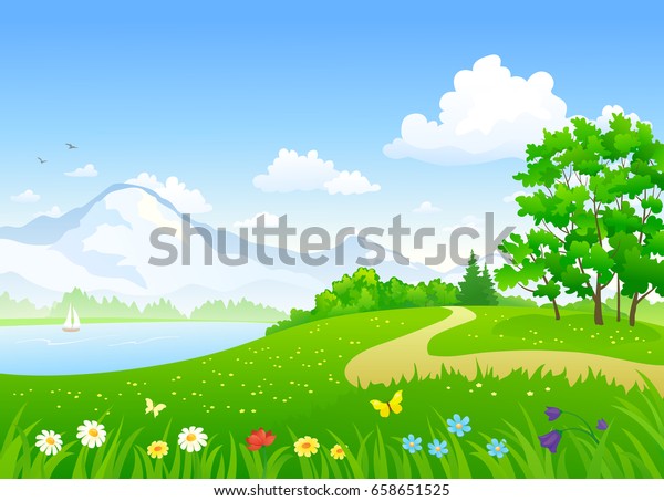 湖と花の野原を持つ美しい夏の風景を描いたベクター漫画 のベクター画像素材 ロイヤリティフリー