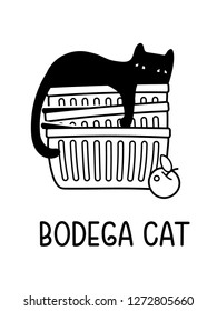 A Vector Cartoon Drawing Of A Black Cat Sleeping In A Stack Of Bodega Shoppig Carts