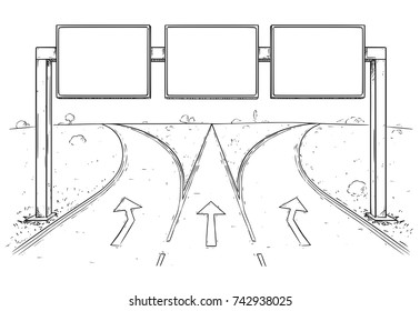 Vector cartoon drawing of blank empty road sign on three lines highway.