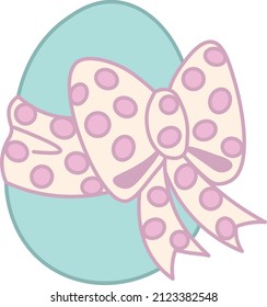 Vector cartoon drawing of blue easter egg with pink polka dot pattern bow wrapped around. Happy easter illustration for greeting card, poster, banner.
