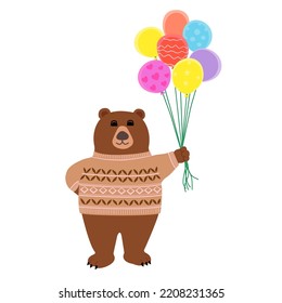 Vector cartoon drawing of brown bear animal wearing cream color yarn sweater, standing and hold colorful yellow, red, pink, blue, violet balloons on white background 