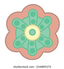 Vector cartoon drawing of brown cookie with green and yellow icing in the shape of spring flower. Happy easter illustration for greeting card, poster, banner.