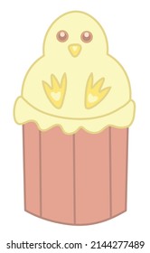 Vector cartoon drawing of brown cupcake with yellow icing in the shape of a cute little chicken. Happy easter illustration for greeting card, poster, banner.
