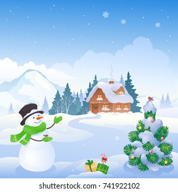 Vector cartoon drawing of a Christmas mountain scenery with a cute snowman and a snow covered cottage, square greeting card