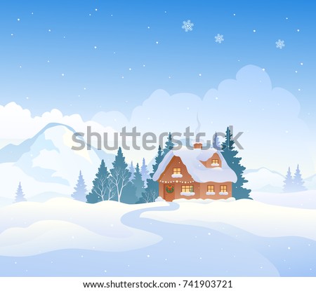 vector cartoon drawing of a christmas mountain landscape with a snow covered cottage - Christmas Mountain vector cartoon drawing of a christmas mountain landscape with a snow covered cottage - Christmas Mountain