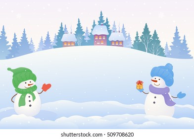 Vector cartoon drawing of a Christmas snow scene with two cute snowmen, copy space background