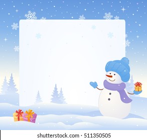 Vector cartoon drawing of a Christmas snowing frame and a snowman