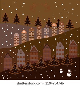 Vector cartoon drawing of Christmas suburban houses with making a snowman. Illustration on beige, gray, brown, white and neutral colors. Vector illustration.