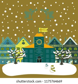 Vector cartoon drawing of Christmas suburban houses with making a snowman. Illustration on neutral, white and green colors. Vector illustration.