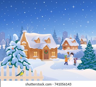 Vector cartoon drawing of Christmas suburban houses and kids making a snowman