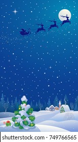 Vector cartoon drawing of a Christmas tree and a winter night village, vertical design banner