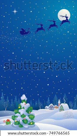 Vector cartoon drawing of a Christmas tree and a winter night village, vertical design banner
