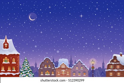 Vector cartoon drawing of a Christmas winter night town, beautiful view with snowy rooftops