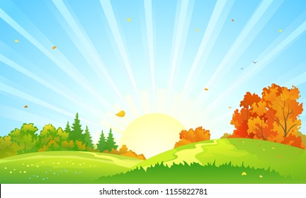 Vector cartoon drawing of a colorful autumn forest, beautiful sunrise landscape