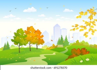 Vector cartoon drawing of a colorful autumn city park