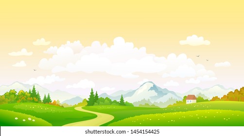 Vector Cartoon Drawing Of A Colorful Fall Landscape, Sunset Sky Background