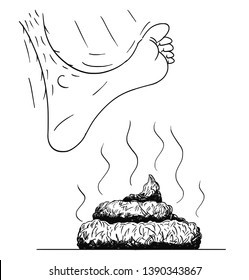 Vector cartoon drawing and conceptual illustration of big bare foot stepping or stamping on the excrement or poop or stool or shit.