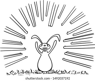 Vector cartoon drawing conceptual illustration of rabbit or hare or jackrabbit with paws or hands up, surrendered when facing many riffles pointing at him or hunters.