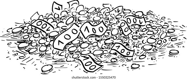 Vector cartoon drawing conceptual illustration of pile of cash or money, coins and banknotes. Concept of wealth and finances.