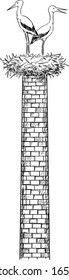Vector cartoon drawing conceptual illustration of pair of white storks bird standing in nest on old factory smokestack or chimney.
