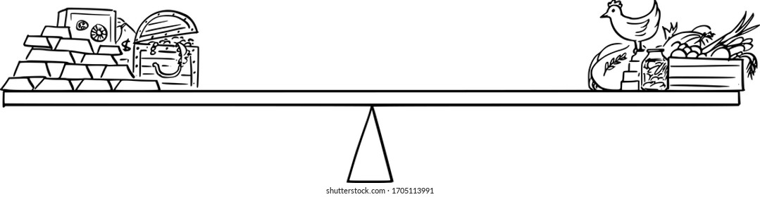 Vector cartoon drawing conceptual illustration of food and gold on balance scales, food stock and farm is more valuable than gold in crisis. Shortage and price rise. You can't eat money.