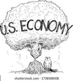 Vector cartoon drawing conceptual illustration of tree representing U.S. economy weakened by crisis as beaver. Concept of financial crisis, debt or coronavirus in United States of America.