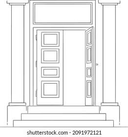 Vector cartoon drawing conceptual illustration of classic entrance or open door of bank building with pillars and stairs. Empty space for text above.