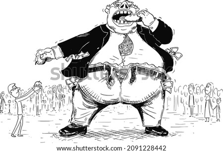Vector cartoon drawing conceptual illustration of fat rich man, businessman or capitalist in suit and money in pockets is eating food of crowd poor small people around. Concept of corporate greed and  Stock foto © 
