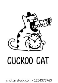 A Vector Cartoon Drawing Of A Crazy Cat With A Clock, A Cuckoo Bird And A Bowler Hat