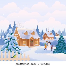 Vector cartoon drawing of a cute Christmas garden and kids making a snowman